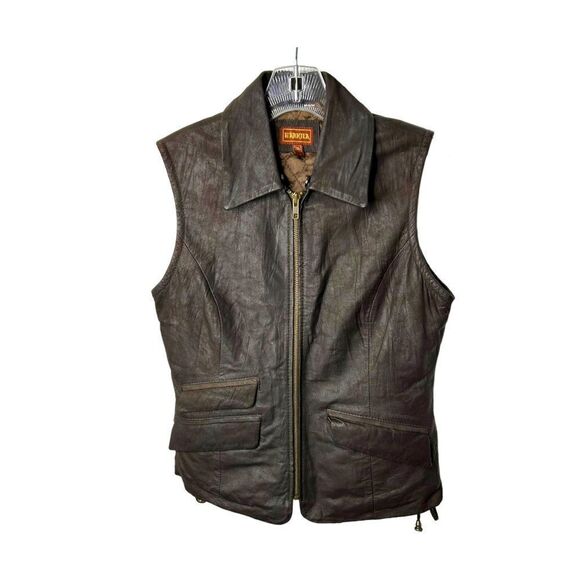 NEW Harkila Brown Leather Hunting Vest Pockets Full Zip Moto Jacket Mens S - Picture 2 of 6